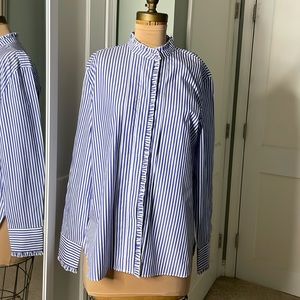 Mango Ruffle Blue and White Striped Button Down size L